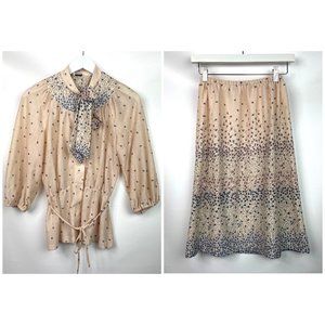 VTG 70s Cream Floral Button Up Blouse & Skirt Set